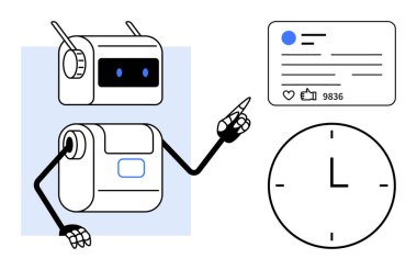 Zaman izleme ve otomasyonu gösteren bir saatin yanında nişan ölçümleri olan bir sosyal medya iletisini işaret eden robot. Yapay zeka, teknoloji, otomasyon, programlama, üretkenlik, zaman yönetimi için ideal