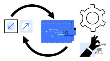 Devre dizaynlı mavi dijital cüzdan anahtar değiş tokuşu ve vites simgesine oklarla bağlanmış. Fintech, dijital güvenlik, teknolojik yenilik, engelleme zinciri, otomasyon, erişim sistemleri, basit iniş sistemleri için ideal