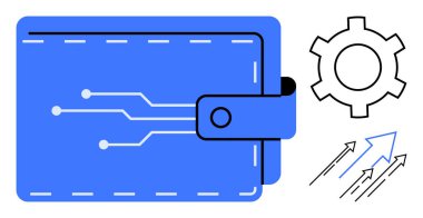 Devre çizgileri olan mavi cüzdan, ayarları ya da teknolojiyi sembolize eden bir dişli simgesi ve gelişmeyi temsil eden oklar. Fintech, inovasyon, güvenlik, optimizasyon, trendler ve e-ticaret için ideal