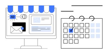 İşaretli bir takvimin yanındaki vitrinin altında reklamları, e-postaları ve web içeriğini gösteren bilgisayar monitörü. Pazarlama stratejisi, içerik planlaması, e-ticaret, reklam, program için ideal