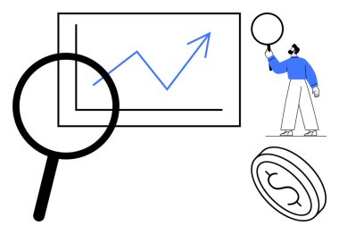 Oklu trend tablosu, büyüteç, disk tutan kişi ve para birimi. İş analizi, araştırma, finans, pazarlama stratejisi, yatırım verileri basit iniş sayfaları için ideal