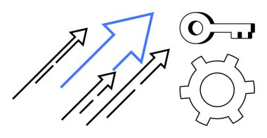 İlerlemeyi sembolize eden oklar, potansiyeli ortaya çıkarmak için cesur anahtarlar, ve gelişmiş süreçler için teçhizatlar. Ticari büyüme, yenilik, üretkenlik, hedef belirleme, verimlilik ve strateji için ideal