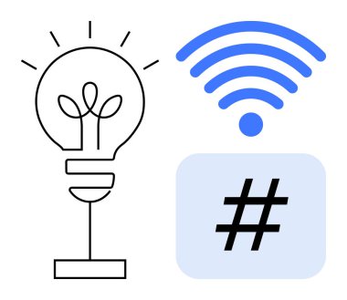 Fikirleri temsil eden ampul, bağlantı için mavi kablosuz sinyal ve meydanda eğilimleri sembolize eden meta veri etiketi. Teknoloji, yenilik, yaratıcılık, ağ oluşturma, sosyal medya için ideal