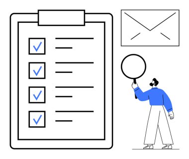 İşaretli eşyaların olduğu görev listesi, büyüteç tutan kişi, posta zarfı. Planlama, organizasyon, analiz, iletişim, üretkenlik, takım çalışması için ideal basit iniş sayfası