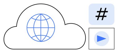 Küre sembollü bulut çizgisi, üstveri etiketi ve düğme elementlerini oynat. Bağlantı, küresel ağ, bulut depolama, sosyal medya, teknoloji, veri alışverişi ve basit iniş sayfası için ideal