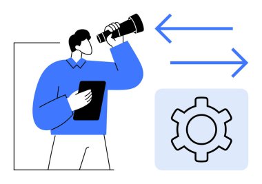 Tablet tutan ve teleskoptan bakan adam vites ve okların yanında. Strateji, planlama, yön, optimizasyon, problem çözme, yenilik ve basit iniş sayfası için ideal