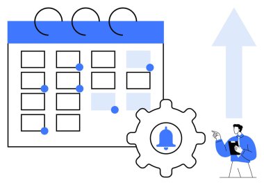 Olay noktalarıyla işaretlenmiş takvim, bildirim teçhizatı, yukarı doğru ok ve planlama yapan kişi. Zamanlama, hatırlatıcılar, iş akışı, verimlilik, zaman yönetimi organizasyonu için ideal