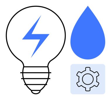 Yıldırımlı ampul, su damlası ve enerji, su kaynakları ve yenilik taşıyan dişli ikonu. Enerji verimliliği, sürdürülebilirlik, mühendislik, kaynak yönetimi için ideal yenilenebilir