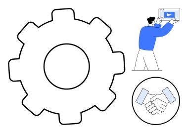 Büyük vites şekilli sembolik süreçler, video konsepti tutan kişi, el sıkışma çemberi. Takım çalışması, yenilik, teknoloji, ortaklık, strateji, üretkenlik için ideal basit iniş sayfası