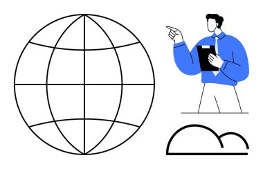 Profesyonel bir pano, dijital bulutun yanında dünya görsellemesini gösteriyor. Küresel iletişim, internet, ağ, analiz, işbirliği, teknoloji ilerlemesi için ideal, düz basit