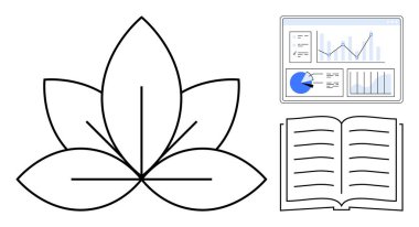 Yaprak ana hatları bir ekranda veri grafikleri ve açık bir kitapla eşleştirilerek büyüme, öğrenme ve analizi sembolize eder. Eğitim, araştırma, sürdürülebilirlik, verimlilik, strateji sadeliği için idealdir.
