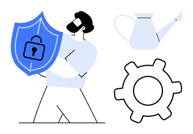 Adam kalkanı asma kilitle tutuyor. Güvenliği simgeliyor. Su bidonu ve teçhizat yanında. Güvenlik, büyüme, bakım, koruma, verimlilik, takım çalışması geliştirme için idealdir. Düz basit metafor