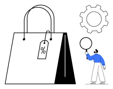 İndirim etiketli büyük bir alışveriş çantası, vites sembolü ve elinde balon tutan bir iş adamı. Ticaret, indirim, alışveriş, strateji, promosyon, yenilik için ideal basit bir iniş sayfası