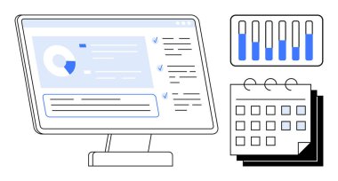 Analitik gösterge paneli, bar çizelgesi ve planlama, performans ve zamanlamayı temsil eden takvim öğeleri olan monitör. Üretkenlik, veri analizi, planlama, iş akışı iş teknolojisi için ideal