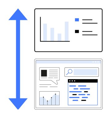 Analitik şema, metin arayüzü ve diyagram karşılaştırması ile dikey yerleşim. Veri analizi, istatistik, eğilimler, iş büyümesi, izleme, eğitim ve basit iniş sayfası için ideal