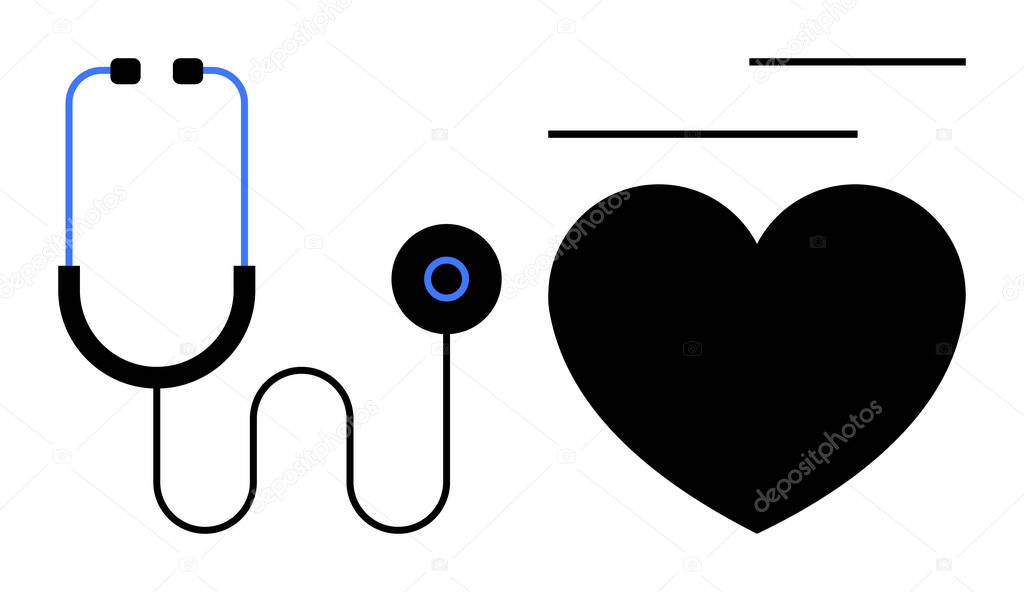 Stethoscope connected to a black heart with abstract lines emphasizing care and health monitoring. Ideal for healthcare, medicine, diagnosis, cardiology, wellness, vitality, life. Flat simple