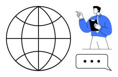 Profesyonel tutuş panosunun yanındaki dünya ana hatları tartışmayı sürdürürken işaret ediyor. Takım çalışması, liderlik, iletişim, küresel iş, planlama, eğitim ve sunum için ideal