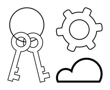 Üst üste binen anahtarlar, teçhizat ve bulut ana hatları erişim kontrolünü, yeniliği ve dijital bulut sistemlerini sembolize eder. Güvenlik için ideal, bulut teknolojisi, verimlilik, çözümler geliştirme bağlantıları düz