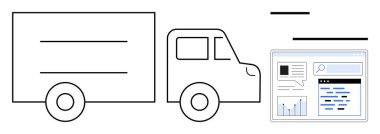 Çizelgeler, arama çubuğu ve analizlerle dolu bir veri panelinin yanında. Lojistik, dağıtım, ulaşım, tedarik zinciri, analitik, teknoloji entegrasyonu için ideal basit iniş sayfası