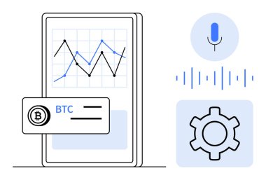 Akıllı telefon veri grafiğini kripto para bildirimi, ses kontrol mikrofonu, dalga formu ve ayarlama teçhizatı ile gösteriyor. Fintech, ticaret, analitik, ses teknolojisi, finans uygulaması tasarımı için ideal