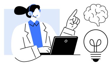 Kulaklıklı kadın dizüstü bilgisayarla çalışıyor, beyin ve ampul grafikleriyle beyin fırtınası yaparken yukarı doğru bakıyor. Takım çalışması, iletişim, yenilik, yaratıcılık, problem çözme, bilgi için ideal