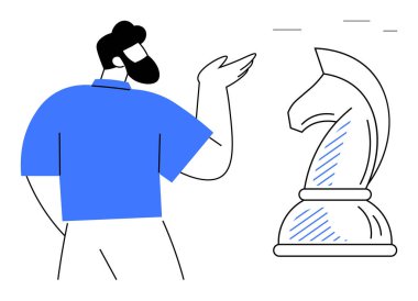 Mavi gömlekli adam satranç şövalyesi taşına doğru hareket ediyor, stratejiyi, liderliği, odaklanmayı, planlamayı, problem çözmeyi, rekabeti ve karar vermeyi sembolize ediyor. İş takımı koçluğu için ideal.