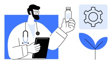 Laboratuvar önlüklü doktor elinde tablet ve ilaç şişesi tutuyor. Teçhizat ve yaprak ile tamamlanmış olarak, teknoloji güdümlü sağlık hizmetleri, yenilik, araştırma, eko-bilinç ve sürdürülebilirliği sembolize eder. İdeal