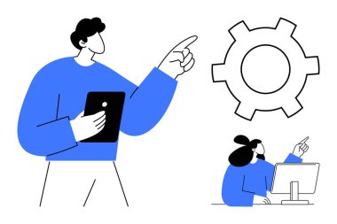 Profesyoneller iş akışı iyileştirmelerini tartışıyor, biri dişlilere bakıyor, diğeri de monitörde analiz ediyor. Takım çalışması, problem çözme, liderlik, işbirliği, yenilik, planlama için ideal