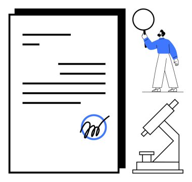 Büyük boş bir daire ve mikroskop tutan kişinin yanında imzalanmış belge araştırma ve analizi sembolize ediyor. Bilim, sözleşme, eğitim, lisans, takım çalışması, onay, basit iniş sayfası için ideal