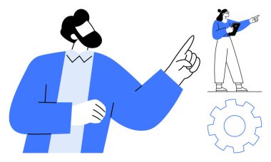 Lider ileri işaret ediyor, tablet yazma notları olan meslektaşı, takım çalışması ima eden ikon liderlik, proje planlaması, iş akışı, hedef belirleme, işbirliği, takım çalışması ve basit iniş için ideal