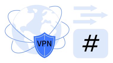 Yörünge çizgilerine sahip dünya, VPN kalkanı, güvenli meta veri etiketi simgesi ve veri akışını gösteren oklar. Siber güvenlik, internet güvenliği, şifreleme, iletişim ve uzak çalışma için ideal küresel bağlantı