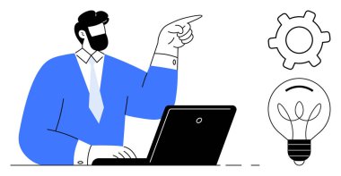Adam dizüstü bilgisayarda çalışırken yukarı doğru işaret ediyor. Yanında ampul ve dişli simgeleri var. Yaratıcılık, yenilik, strateji, takım çalışması, girişimcilik, karar verme, sade