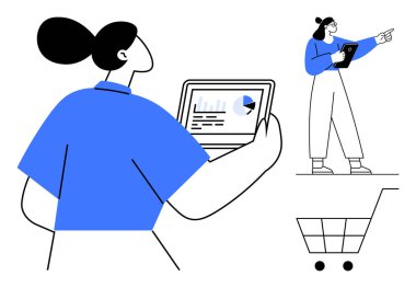 Veri analizi için tablet kullanan iki kadın, bir el arabası simgesi ile birlikte. Takım çalışması, e-ticaret, veri analizi, işbirliği, teknoloji, iş planlaması, basit iniş sayfası için ideal