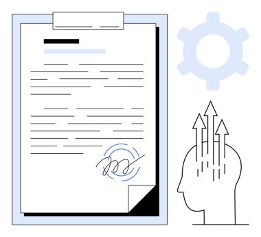 Girdap şeklinde imzalı belge, oklarla çizilmiş profil başı ve vites sembolü. Yenilik, anlaşma, ilerleme, karar verme, liderlik yaratıcılığı takım çalışması için idealdir. Düz basit