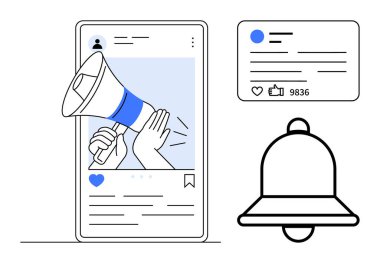 Telefon ekranında megafon, başparmak, uyarı kartı, çan sembolü olan bir gönderi var. İletişim, sosyal medya, pazarlama, katılım, dijital strateji, çevrimiçi reklamcılık için ideal