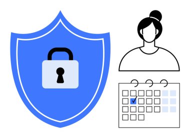 Güvenlik simgesi, kullanıcı profili simgesi ve işaretli takvim tarihini simgeleyen asma kilit kalkanı. Güvenlik, koruma, mahremiyet, planlama, kimlik güvenilirliği programı için ideal. Düz basit metafor