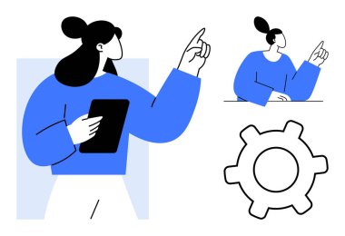 Elinde bir tablet tutan kadın, bir vites ve yön ve stratejiyi vurgulayan bir pozla yukarı doğru hareket ediyor. Takım çalışması, ilerleme, yenilik, teknoloji, liderlik, planlama için ideal