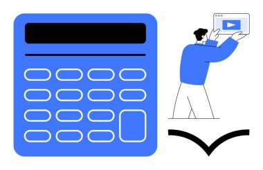 Ana hatları çizilmiş büyük mavi hesap makinesi, video oynatıcı ekran tutan bir birey ve kitap ögesi aç. Eğitim, finans, öğrenim, teknoloji, veri, temel iniş sayfası için ideal