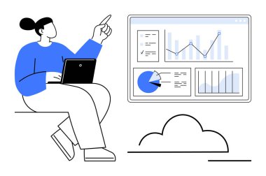 Dizüstü bilgisayar kullanan kişi grafik, grafik ve analitik verileri olan görsel bir gösterge paneline işaret ediyor. Finans, teknoloji, üretkenlik, araştırma, bulut hesaplama, veri yönetimi için ideal basit iniş