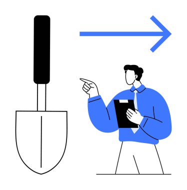 Elinde not defteri olan adam, sağ tarafa doğru giden mavi okun yanındaki büyük küreği işaret ediyor. Eğitim, rehberlik, araçlar, yön, profesyonel tavsiye, organizasyon ve planlama için ideal. Düz basit metafor