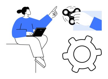 Dizüstü bilgisayarı olan biri, el hareketli oyuncak, kalın vites simgesi. Takım çalışması, teknik süreçler, odaklanma, problem çözme, iş akışı yenilikçiliği farkındalığı için idealdir. Düz basit metafor