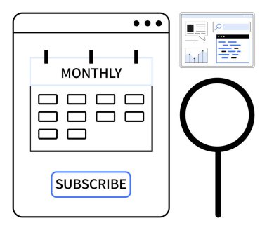 Aylık takvim abonelik düğmesi, büyüteç ve analitik gösterge paneli ile işaretlendi. Abonelik hizmetleri, programlama, analitik, arama, planlama, üretkenlik için ideal basit iniş sayfası