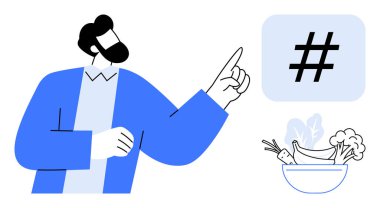 Yakınlarda sebze kasesiyle meta veri etiketine doğru hareket eden bir adam. Sosyal medya, sağlık, eğilimler, sağlıklı beslenme bilinci, online kampanyalar, taze gıda tanıtımı, basit iniş sayfası için ideal