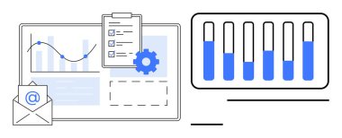 Performans verileri, e- posta simgesi, kontrol listesi, dişli ve grafik çubuklu panolar. Veri analizi, iletişim, takım çalışması, verimlilik pazarlaması ve basit iniş için ideal