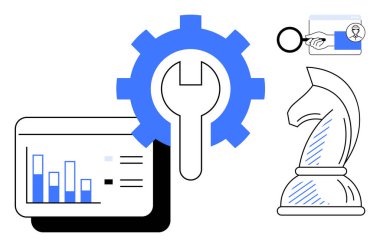 Bar çizelgesi, satranç şövalyesi ve rozet ile çevrili iç dişliler analitik, çözümler, strateji ve sertifika temsil ediyor. İş için ideal, planlama, yönetim problem çözme
