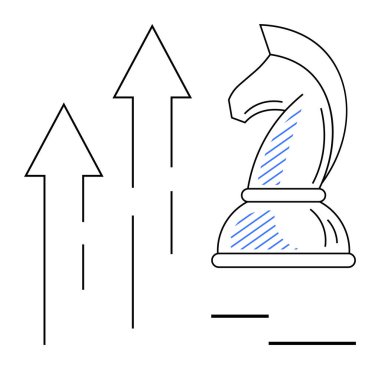 Satranç şövalyesi parçası yükselen oklarla eşleştirildi. Stratejiyi, ilerlemeyi ve liderliği simgeliyor. İş büyümesi için ideal, kurumsal kalkınma, karar verme, planlama, odaklanma hırsı. Düz