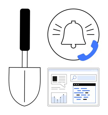 Bahçıvanlık malası, bildirim zili, telefon çağrı ikonu ve veriyle çalışan web sayfası düzeni. Bahçıvanlık teknolojisi, uyarılar, iletişim, verimlilik, araştırma teknolojisi entegrasyonu için ideal