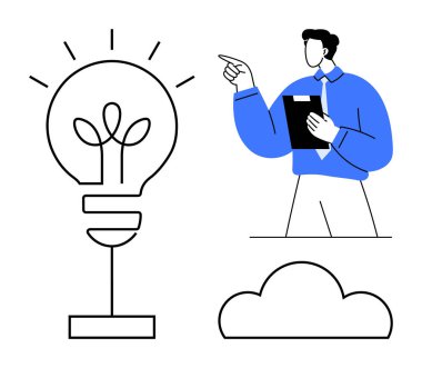 Mavi gömlekli adam elinde bir panoyla ampulü ve bulutu işaret ediyor. Yaratıcılık, yenilik, takım çalışması, teknoloji, beyin fırtınası, strateji sunumu için ideal. Düz basit metafor