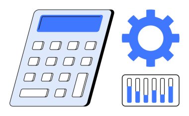Hesap makinesi, dişli ve bar çizelgesi hesaplama, teknoloji ve analizi temsil ediyor. Finans, iş, teknoloji, mühendislik, iş akışı işlemleri için ideal basit iniş sayfası
