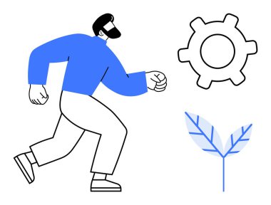 Vites ve yaprağa doğru hareket eden insan, gelişimi, yeniliği ve sürdürülebilirliği temsil ediyor. Ticari büyüme, çevre dostu uygulamalar, takım çalışması, kariyer hedefleri, yenilikçi çevre